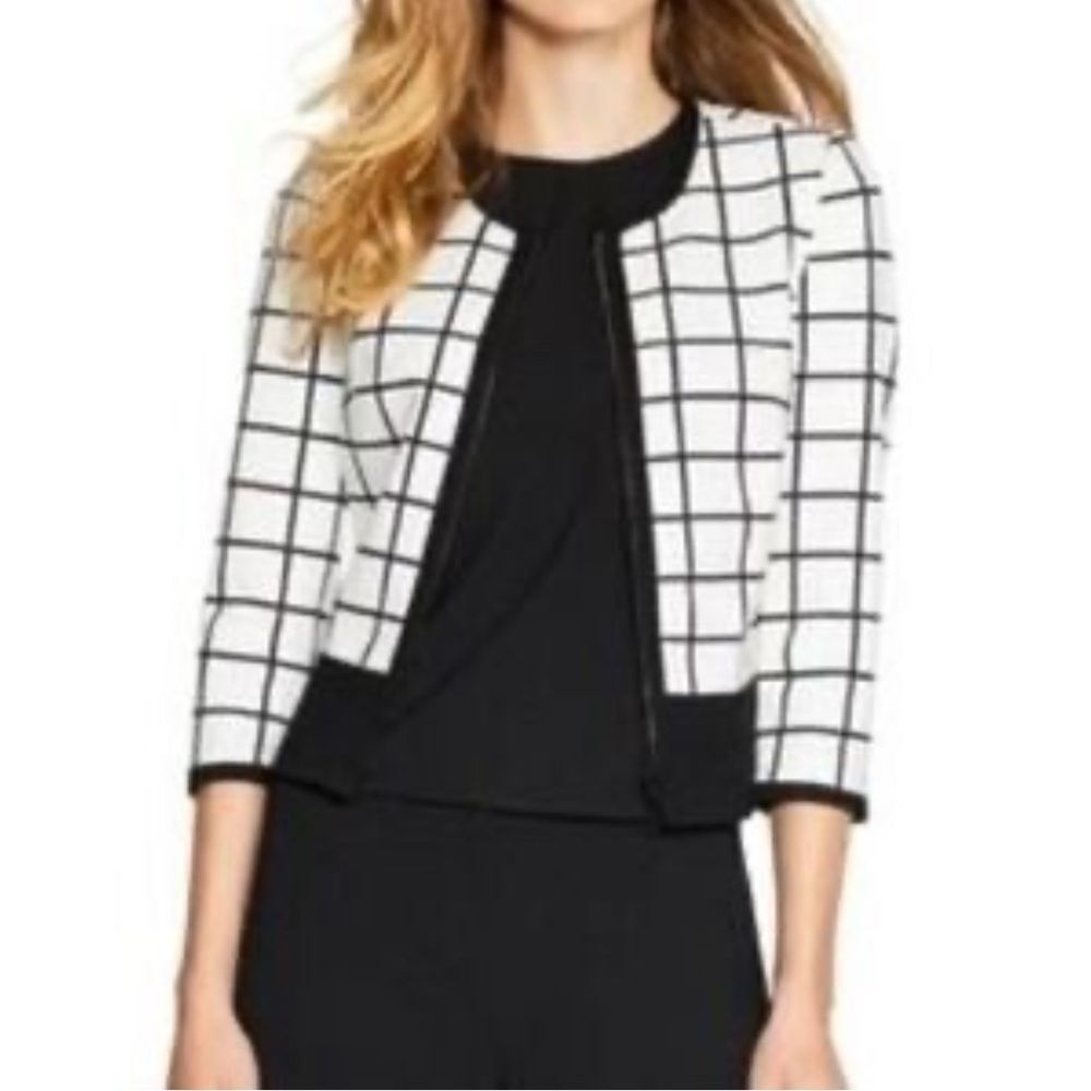 White House Black Market Womens white window pane black plaid zip up jacket sz 0